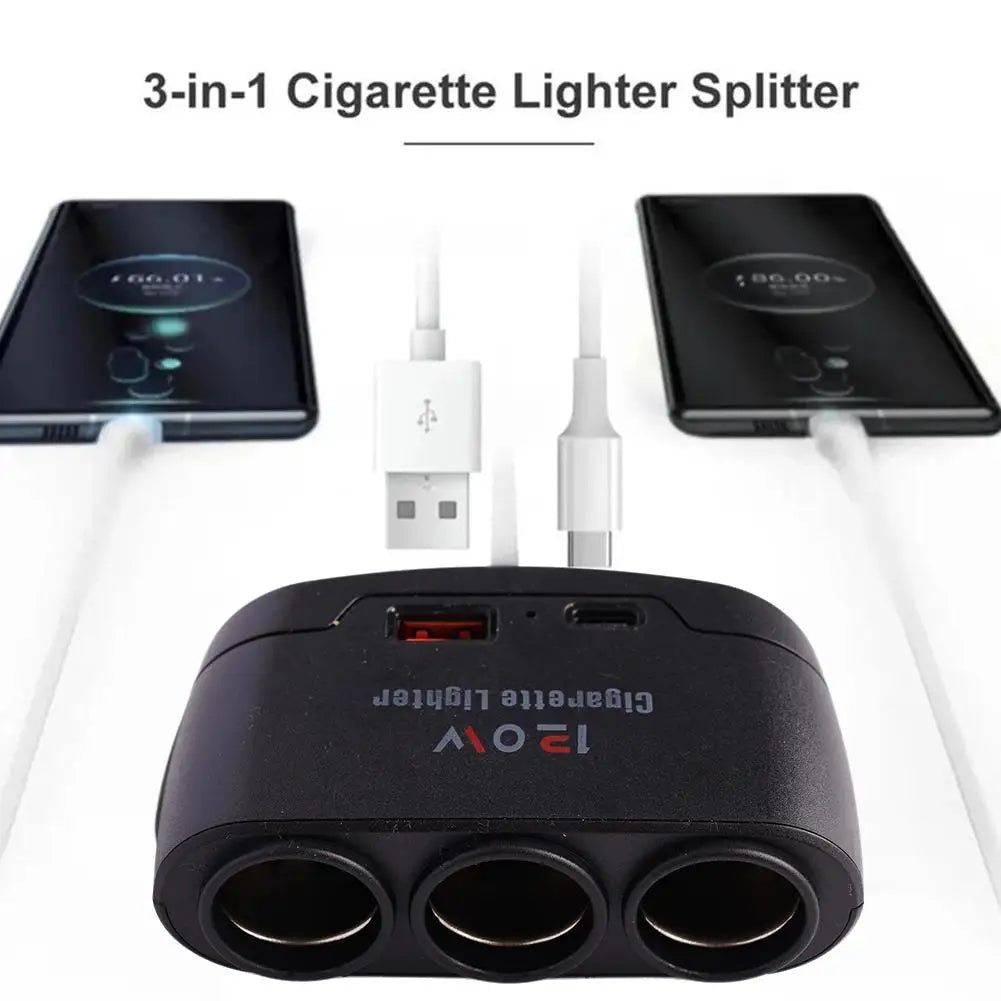 3-Way Car Cigarette Lighter Splitter 120W Dual USB Fast Charge Car Charger Splitter QXL
