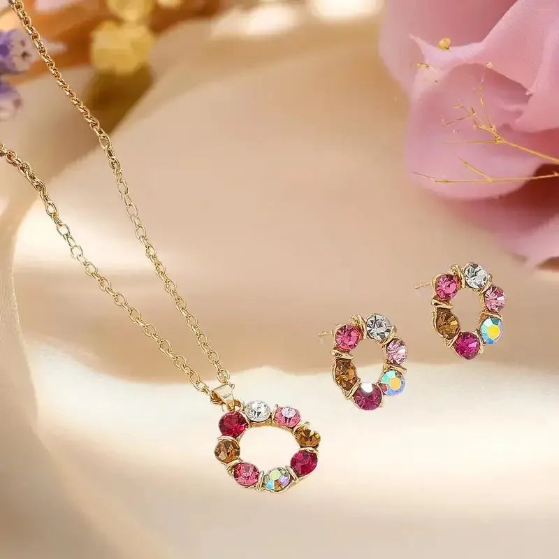 3-Piece Gold Circle Crystal Necklace & Earrings Set | Women Jewelry Set QXL
