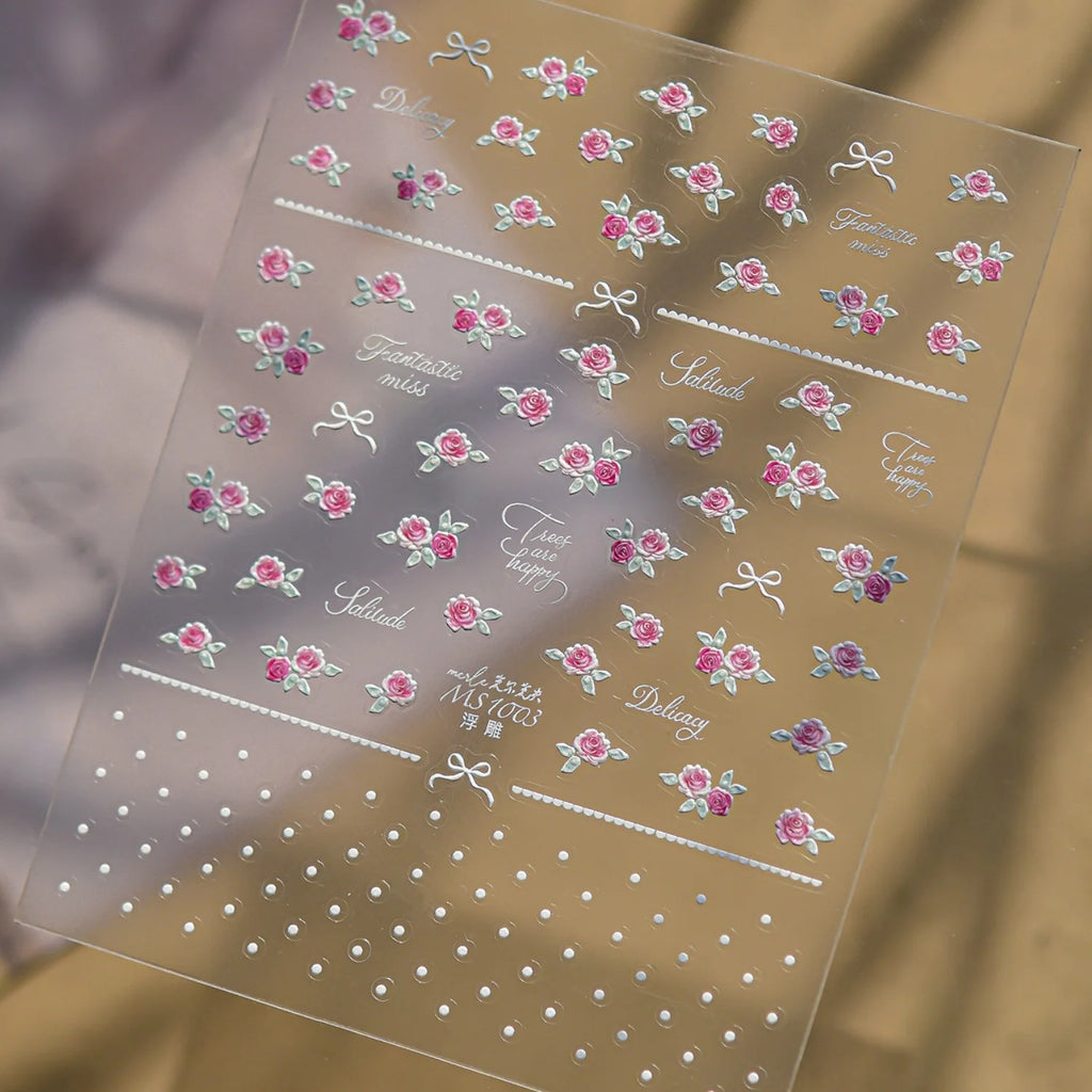 5D Pink Rose Floral Bow Nail Art Stickers | Self-Adhesive Decals Nail Art Stickers QXL
