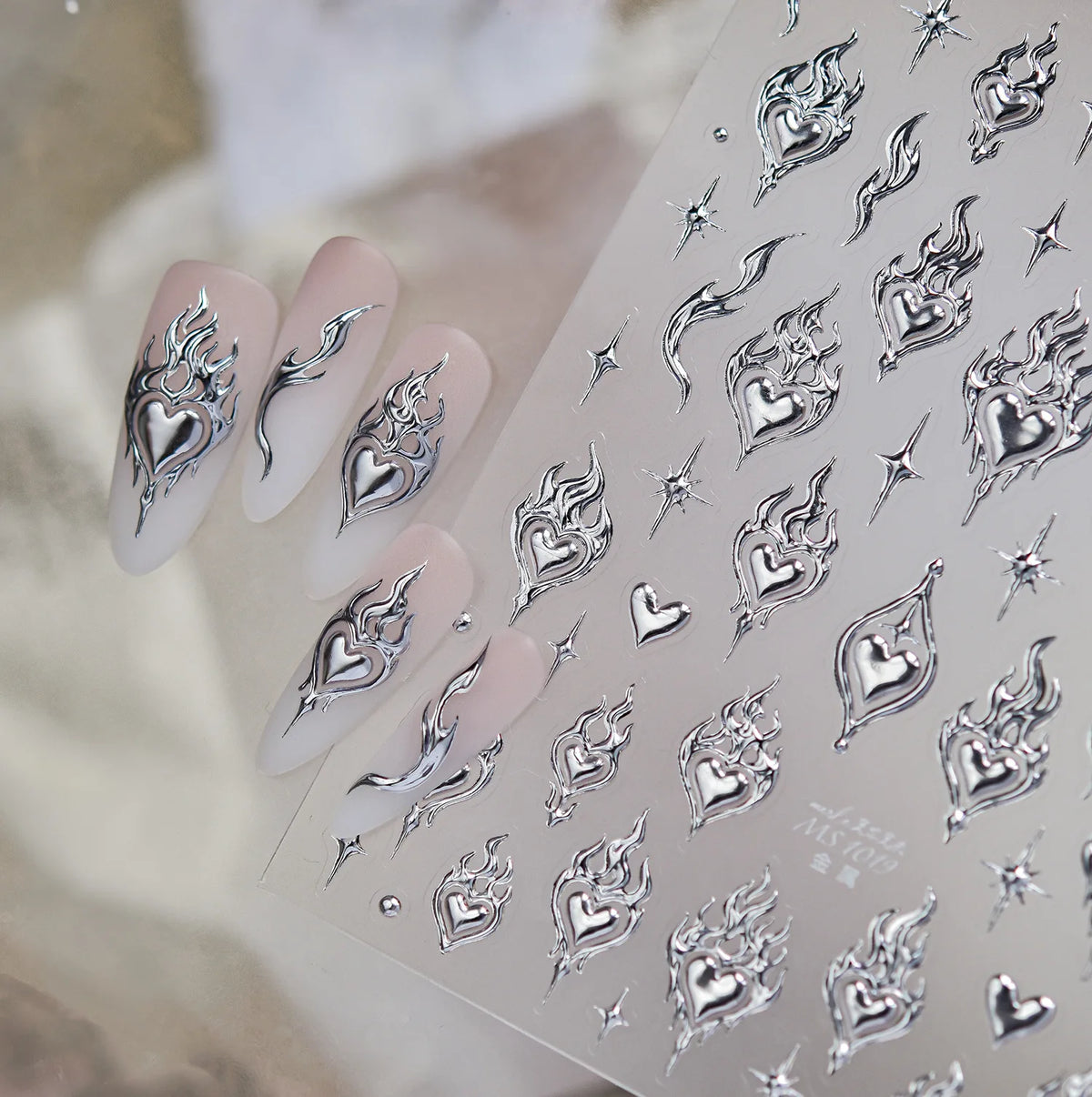 5D Silver Nail Stickers – Flame, Star & Rivet Nail Decals Nail Art Stickers QXL