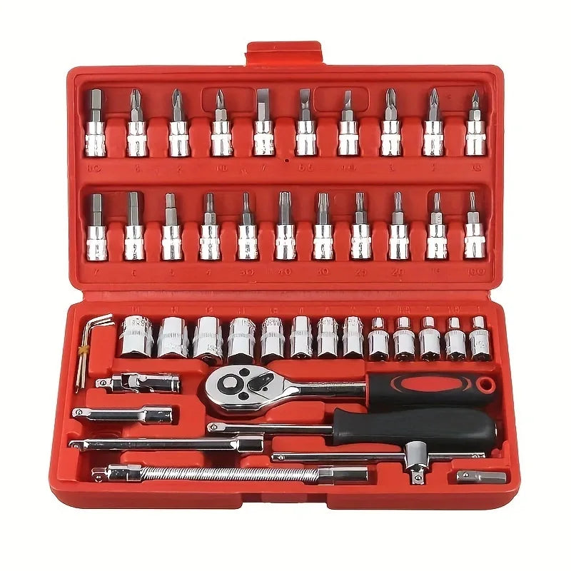 46-Pc 1/4" Drive Socket Wrench Set | Metric Ratchet Tool Kit Socket Wrench Set QXL Red
