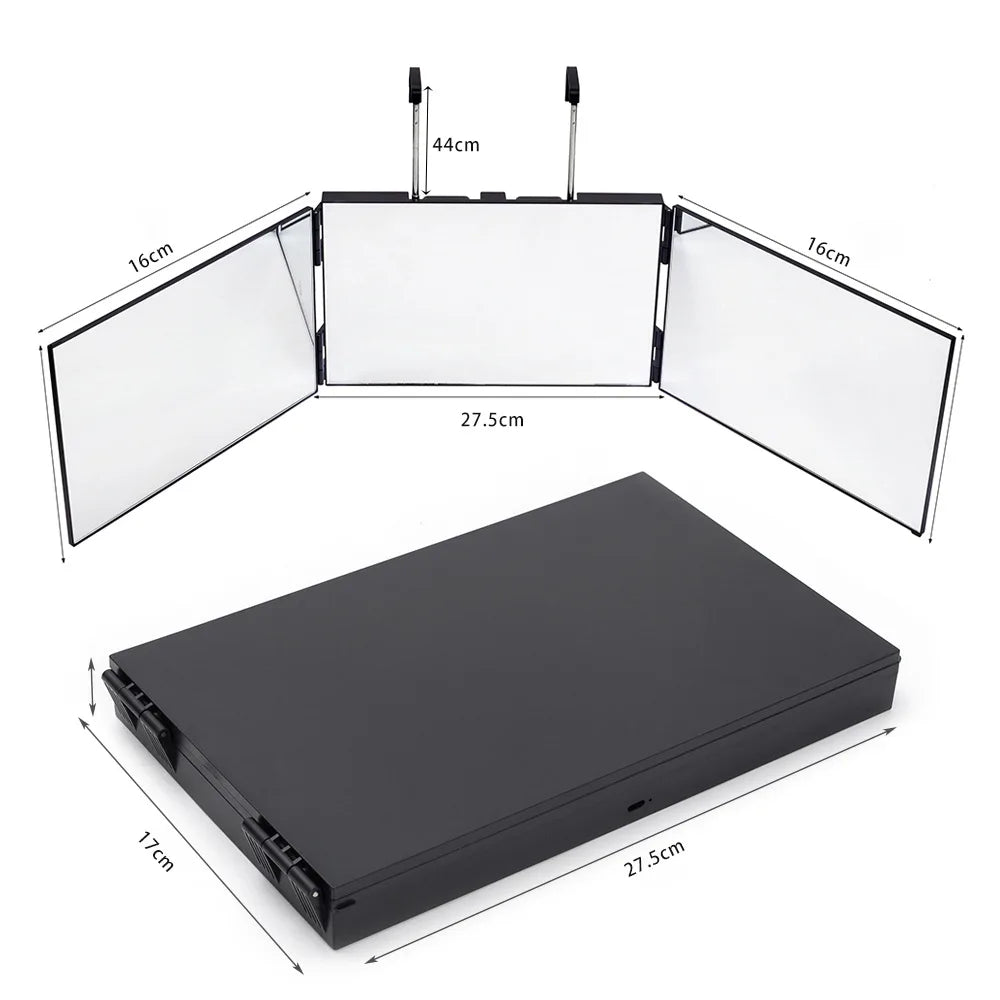 360° Trifold Makeup Mirror | Height-Adjustable Telescoping Hook Trifold Makeup Mirror QXL Black