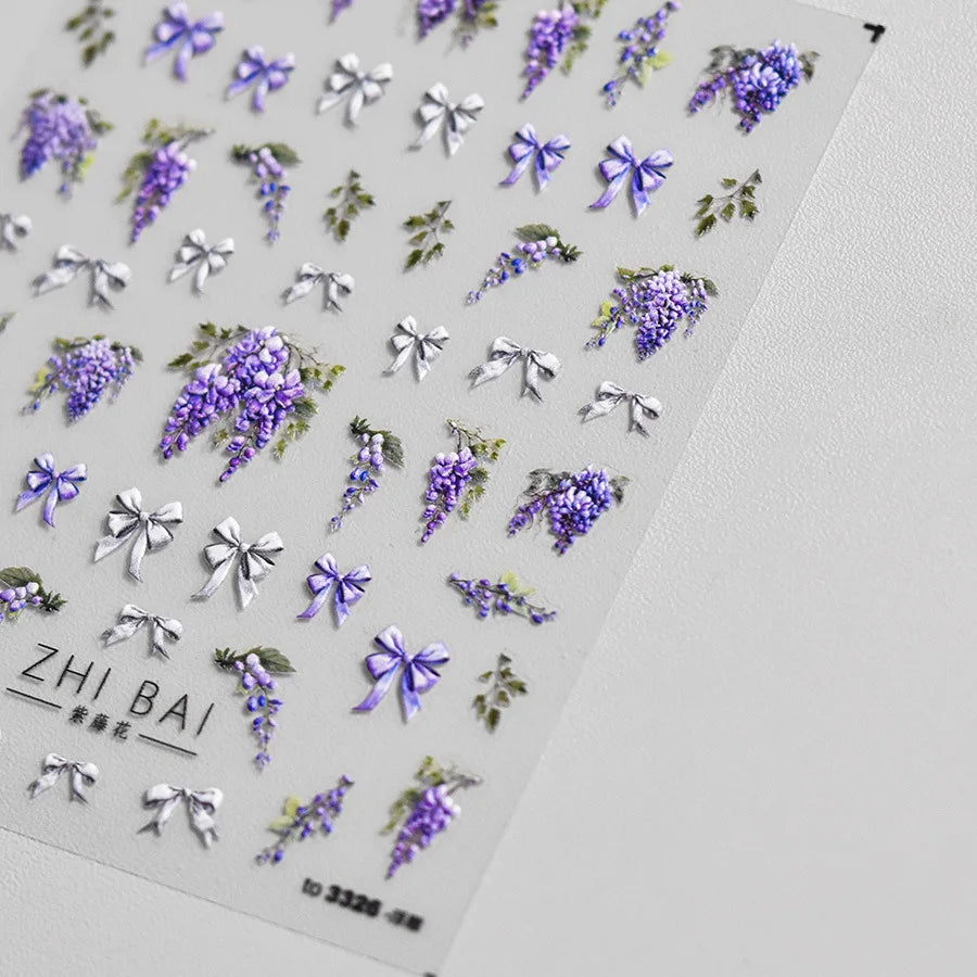5D Wisteria Flower Nail Art Stickers | Kawaii Purple Decals Nail Art Stickers QXL