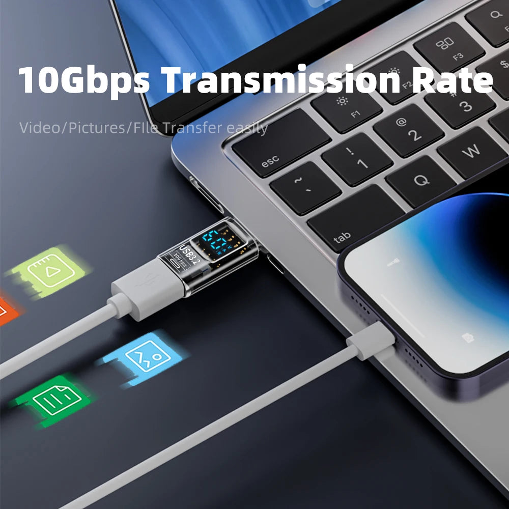 USB-A to USB-C Adapter 10Gbps 60W Fast Charge LED Display USB Adapter QXL
