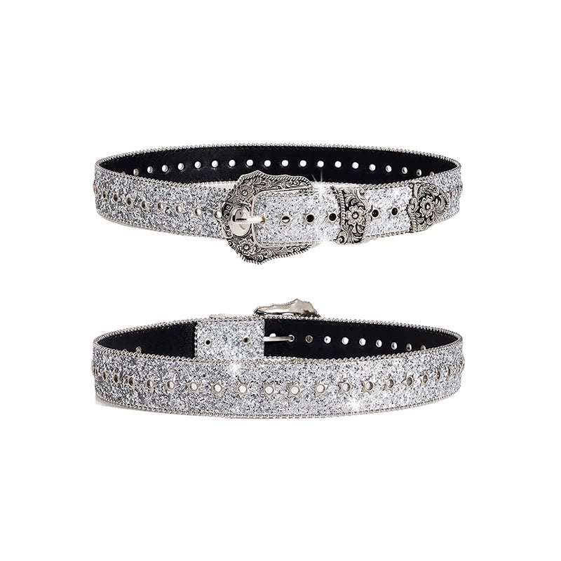 Women's Rhinestone Belt | Gothic Y2K Western Cowboy PU Leather Rhinestone Fashion Belt QXL