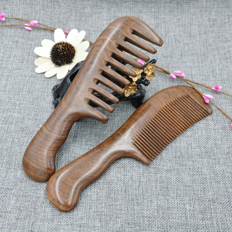Natural Sandalwood Comb – Anti-Static Wide & Narrow Tooth Wooden Hair Comb QXL