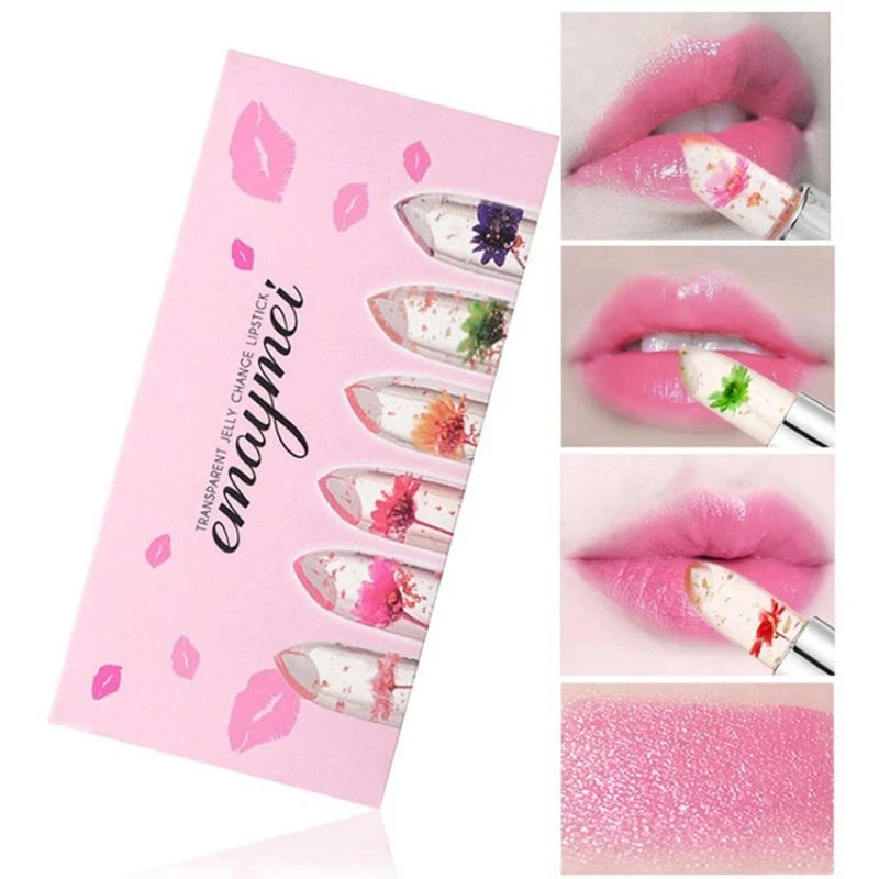 6-Pc Flower Jelly Crystal Lipstick Set | Color-Changing Lip Gloss Lipstick Set QXL