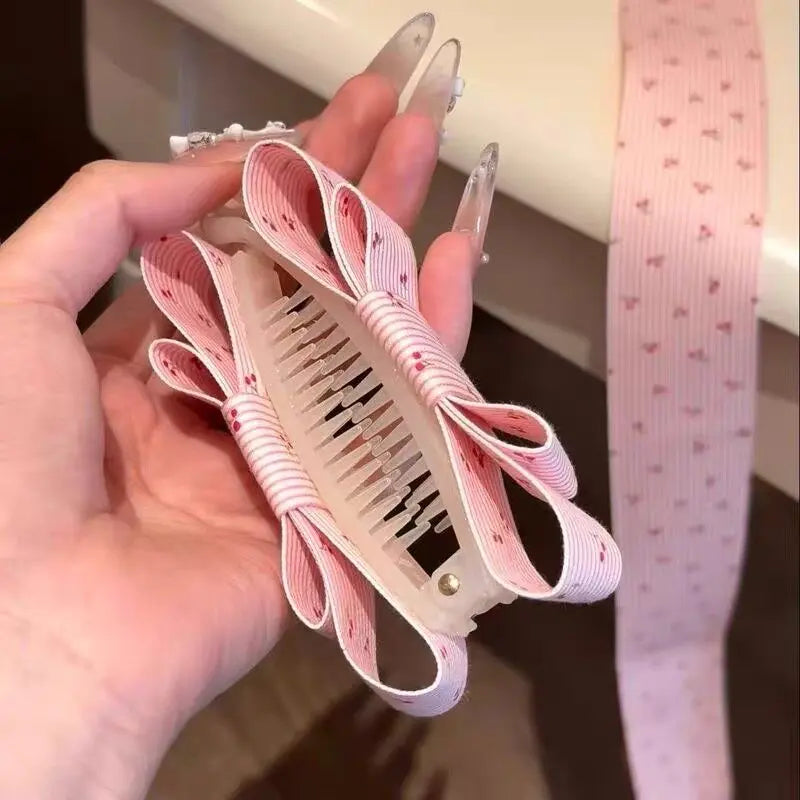 Cherry Print Bow Banana Clip | Pink Striped Ponytail Clip Hair Banana Clip QXL