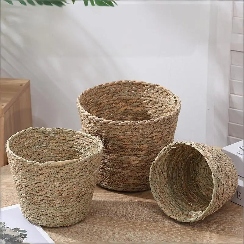 Handwoven Straw Flower Pot Basket with Handles | Eco Planter Woven Planter Basket QXL
