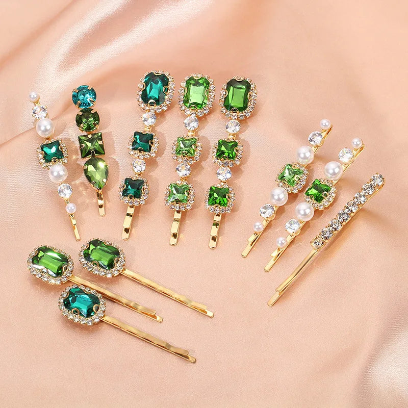 Rhinestone Pearl Hair Clip | Korean Vintage Green Barrette Hair Barrette Clip QXL