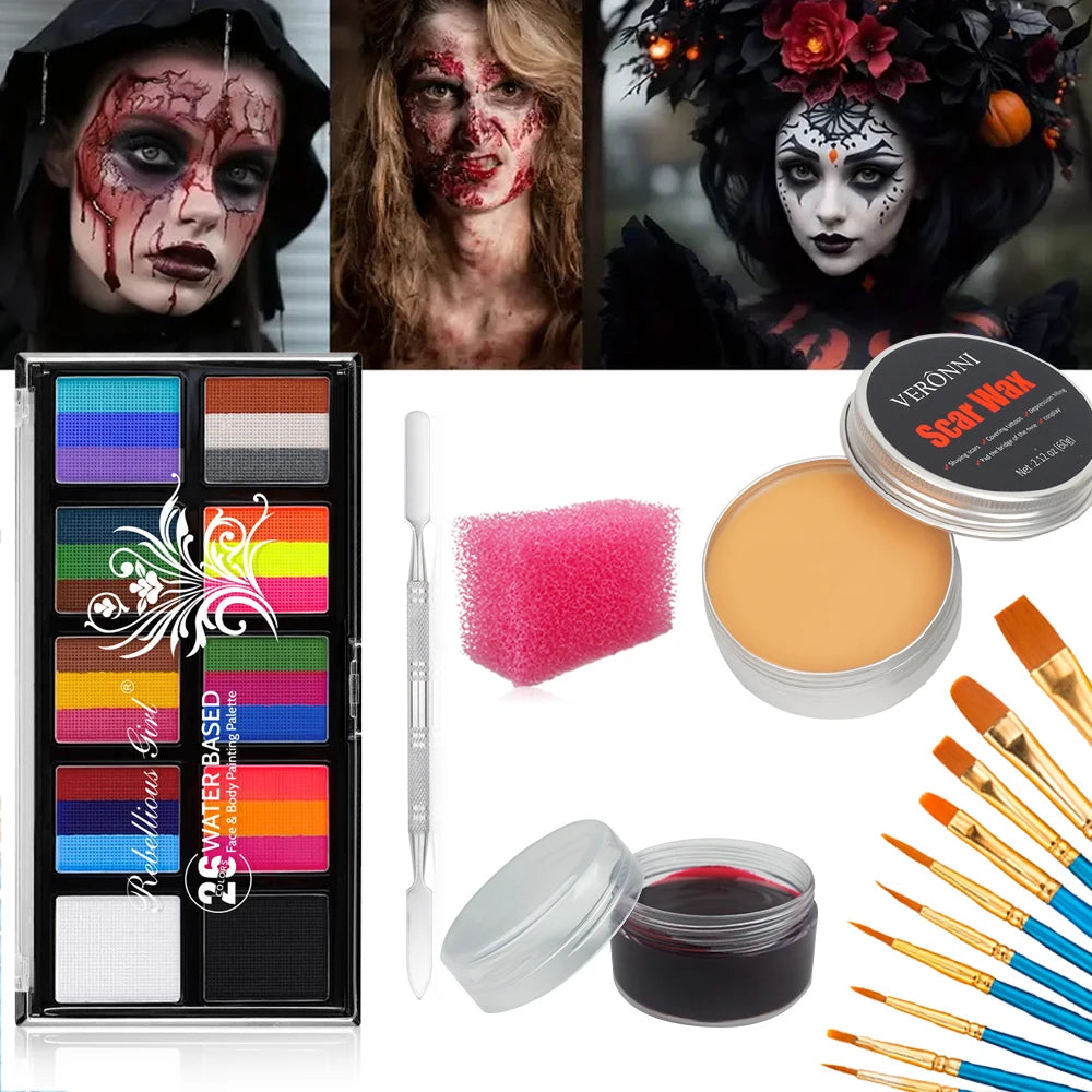 VERONNI 6-Pc SFX Makeup Kit | 26-Color Face & Body Paint SFX Makeup Kit QXL