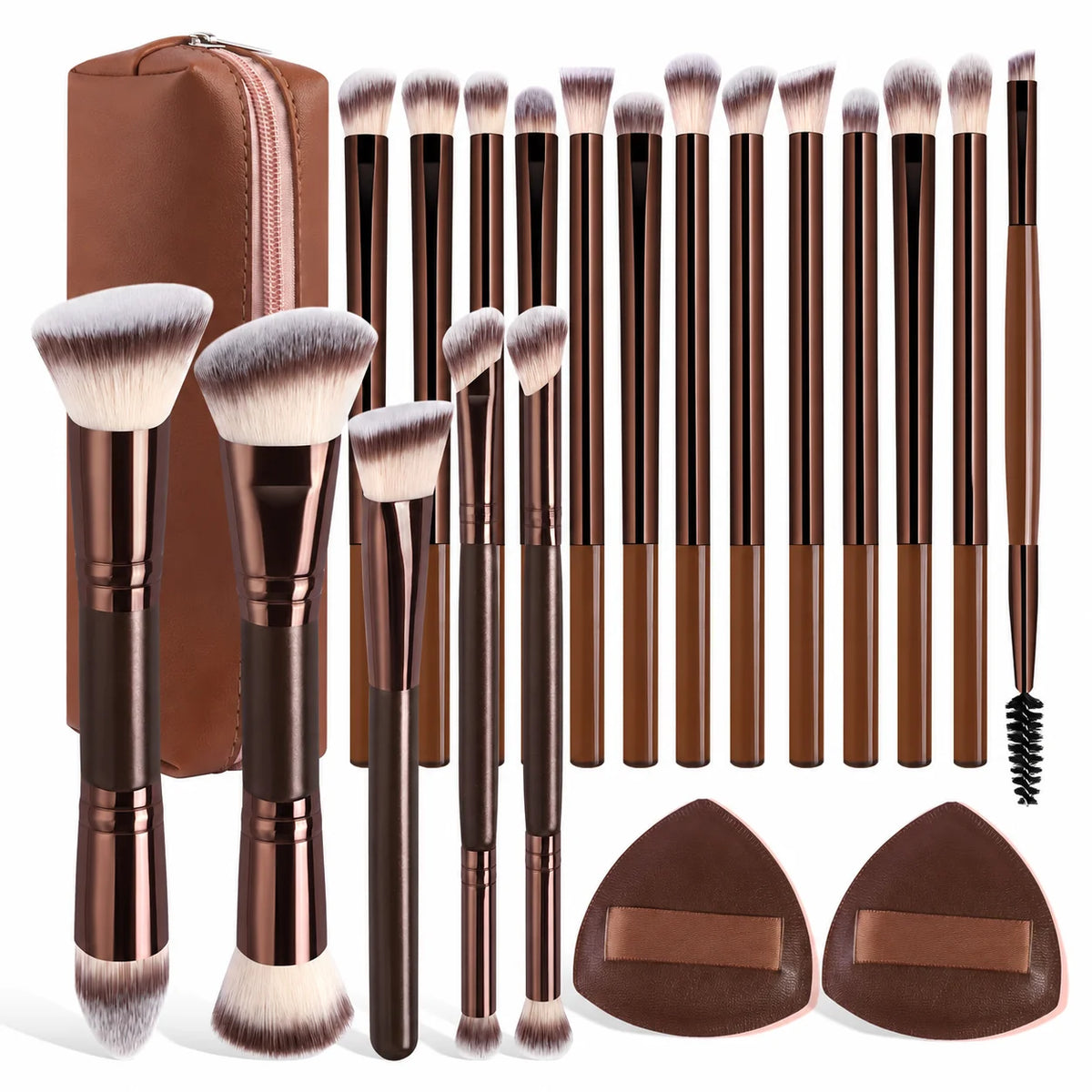 20-Piece Travel Makeup Brush Set with Storage Box & Sponges Makeup Brush Set QXL Coffee Brown