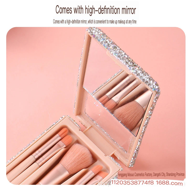 Diamond Mini Makeup Brush Travel Set with Mirror – 6 Pcs Makeup Brush Set QXL