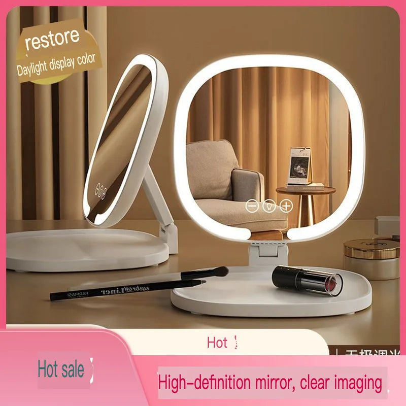 LED Folding Makeup Mirror 3-Tone Light | Oval Desktop Mirror LED Makeup Mirror QXL