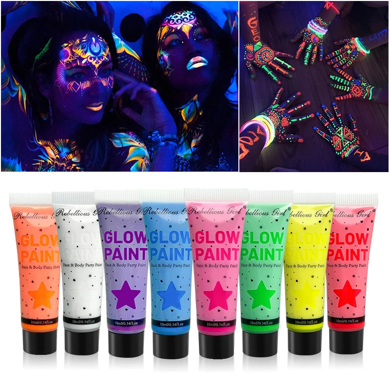 8-Pc UV Neon Face & Body Paint Glow in the Dark Set UV Body Paint Set QXL