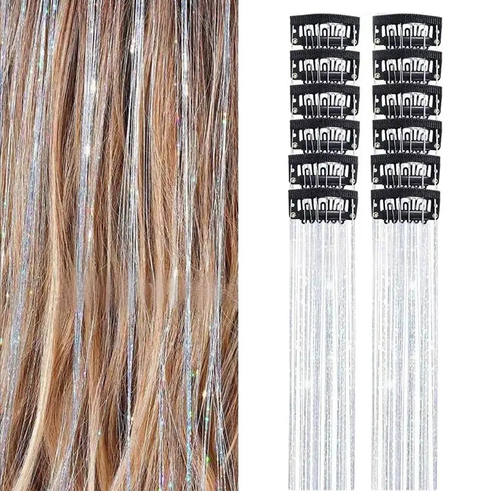 12-Pack Glitter Tinsel Clip-In Hair Extensions | Festival Shimmer Clip-In Hair Extensions QXL Silver