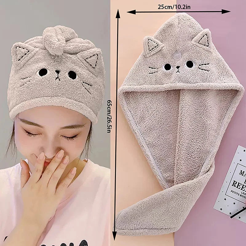 Cartoon Cat Coral Fleece Hair Towel Wrap Cap | Quick Dry Hair Towel Wrap QXL