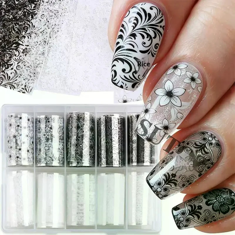 10-Roll Lace Nail Transfer Foils | Black White Red Floral Art Nail Transfer Foils QXL