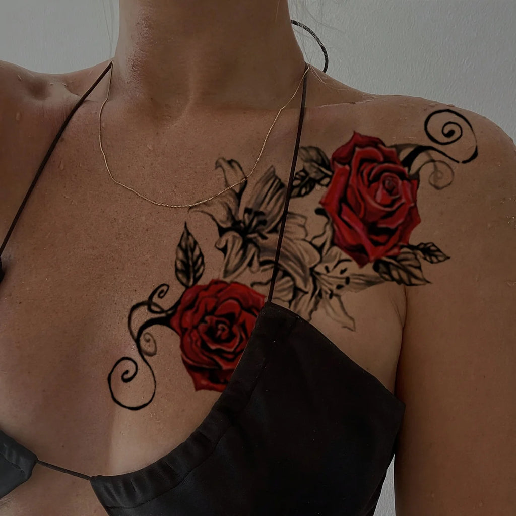 Red Rose & Snake Waterproof Temporary Tattoos | Transfer Set Temporary Tattoos QXL