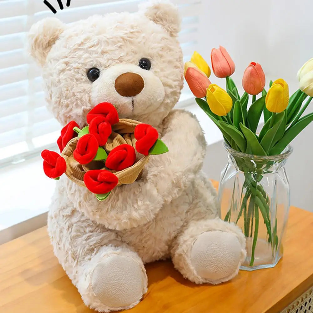 Rose Bear Plush Toy with Mini Rose Bouquet | 30cm & 38cm Stuffed Plush Toy QXL