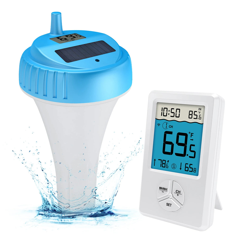 Wireless Floating Pool Thermometer | 100ft Remote LCD Console Pool Thermometer QXL WS041A-Blue