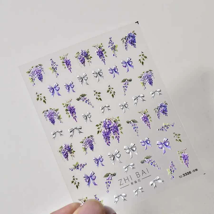 5D Wisteria Flower Nail Art Stickers | Kawaii Purple Decals Nail Art Stickers QXL