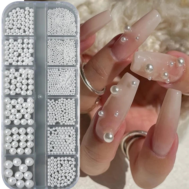 12-Grid Mixed White Pearl Nail Charms | Flatback Bead Set Nail Art Pearls QXL