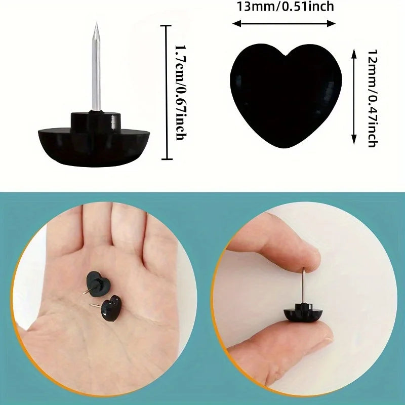 50-Pack Heart-Shaped Push Pins – Black Steel Decorative Thumbtacks Decorative Push Pins QXL