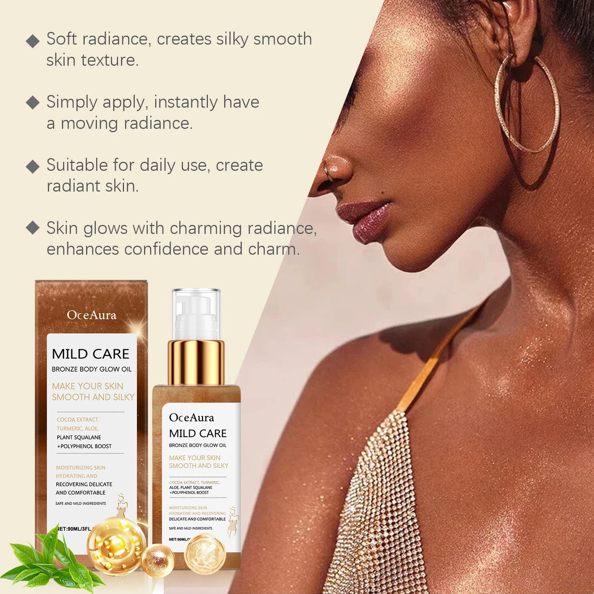 OceAura Bronze Shimmer Body Oil 90ml | Glow, Glitter & Moisture Shimmer Body Oil QXL