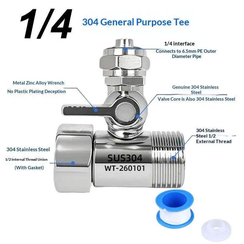 RO Feed Water Adapter 1/2 to 1/4 & 3/8" with Shut-Off Valve Water Filter Adapter QXL A