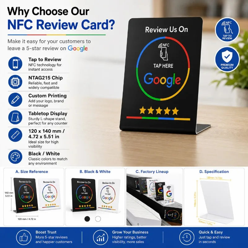 NFC Google Review Card Stand NTAG215 Tap Sign | 1 or 5 Pack NFC Review Stand QXL