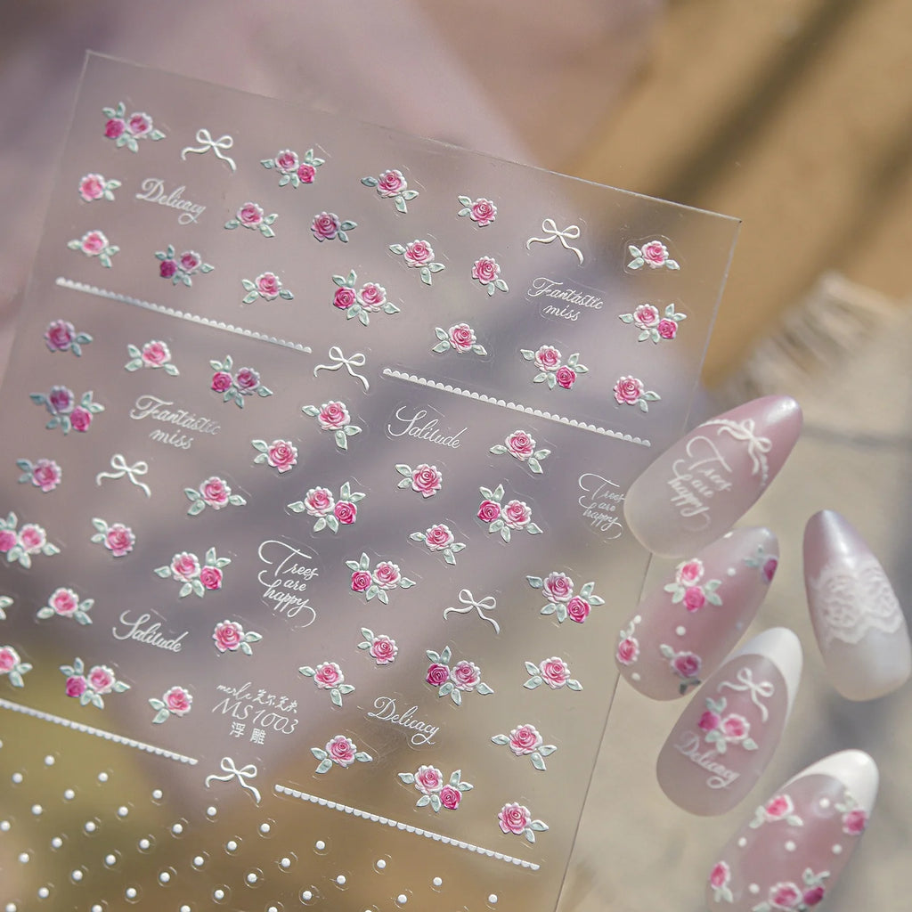 5D Pink Rose Floral Bow Nail Art Stickers | Self-Adhesive Decals Nail Art Stickers QXL