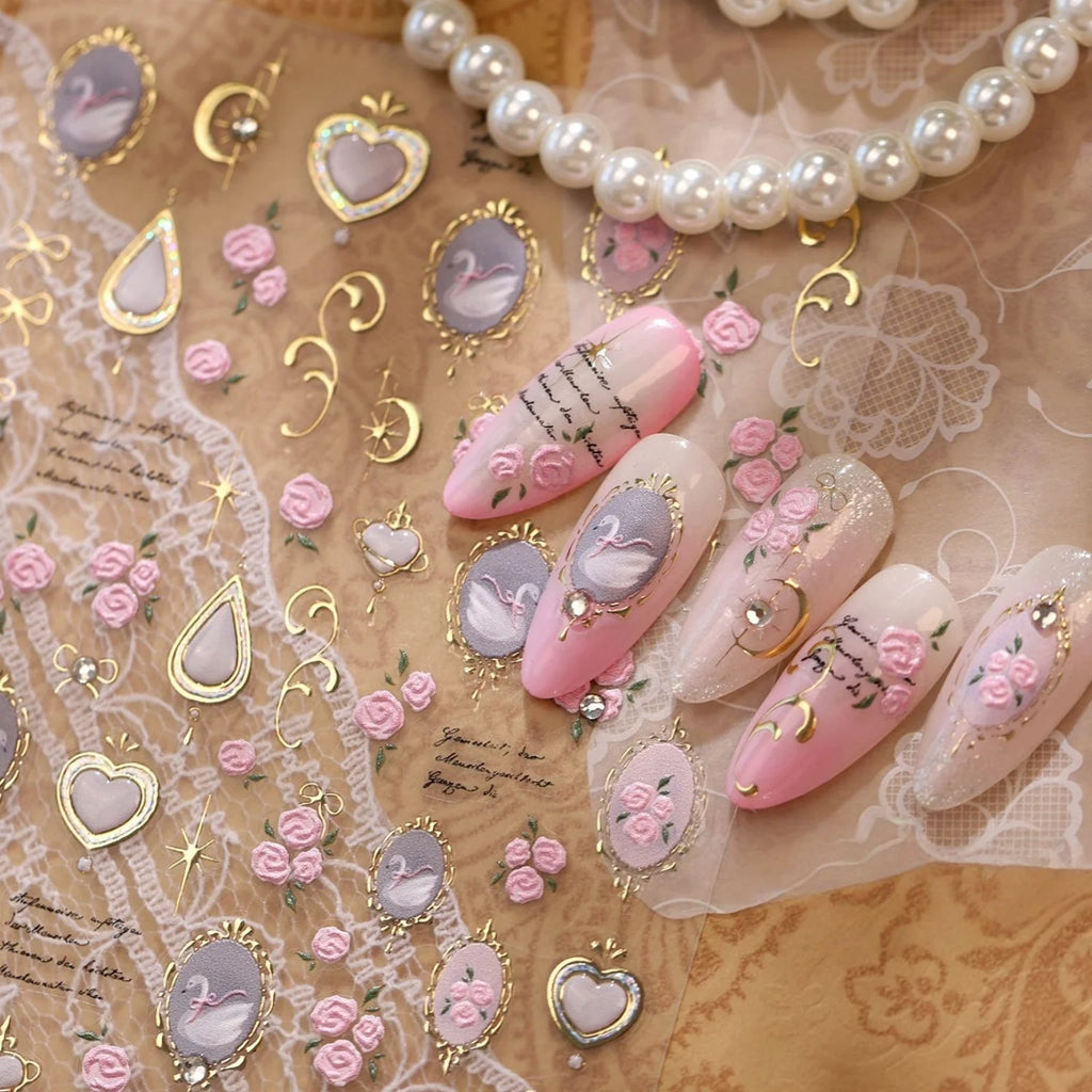 5D French Vintage Nail Stickers – Swan Rose Gem Gold Decals Nail Art Stickers QXL