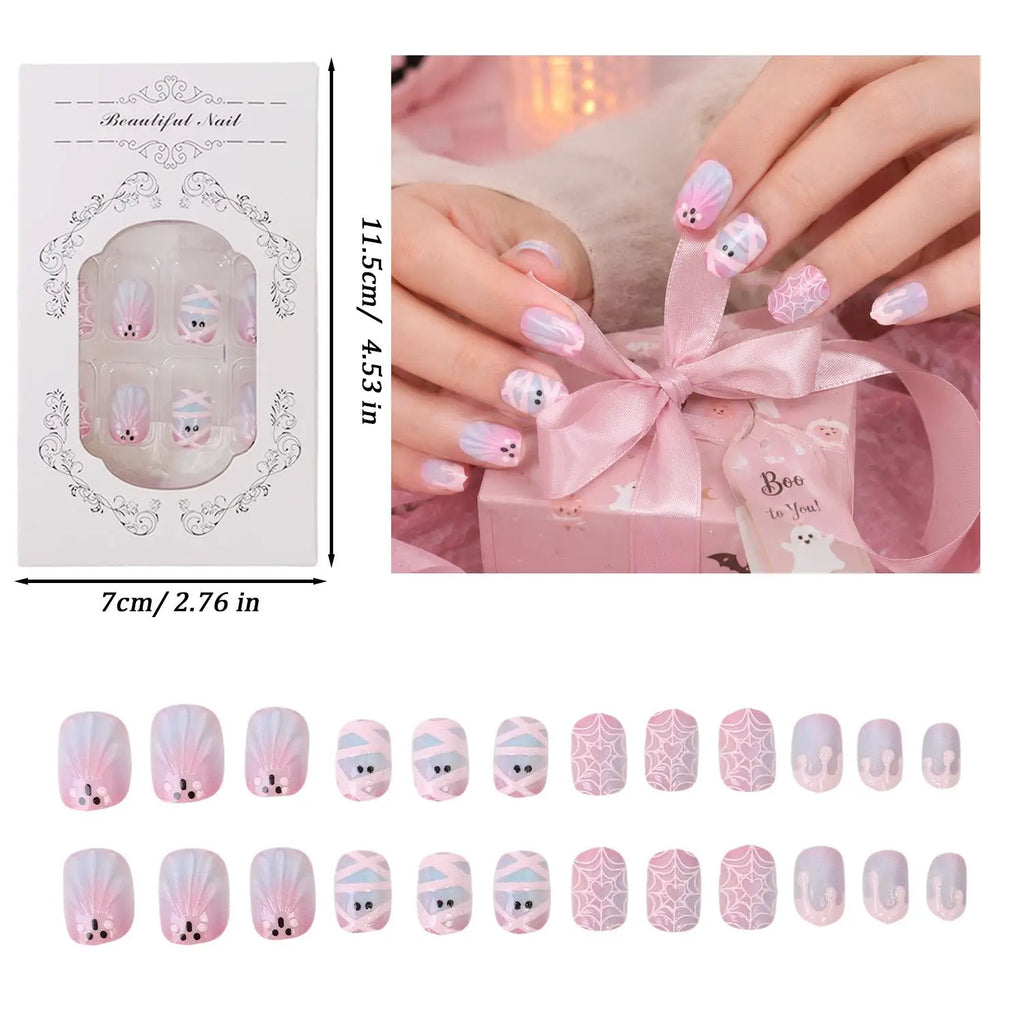 24-Pc Halloween Press-On Nails | Ghost Cat-Eye Spider Web Press-On Nail Set QXL A