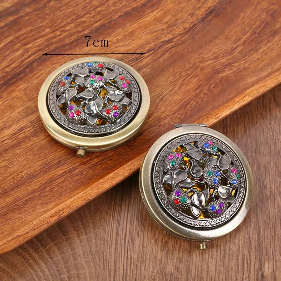 Vintage Round Compact Mirror | Double-Sided Folding Pocket Mirror Compact Pocket Mirror QXL