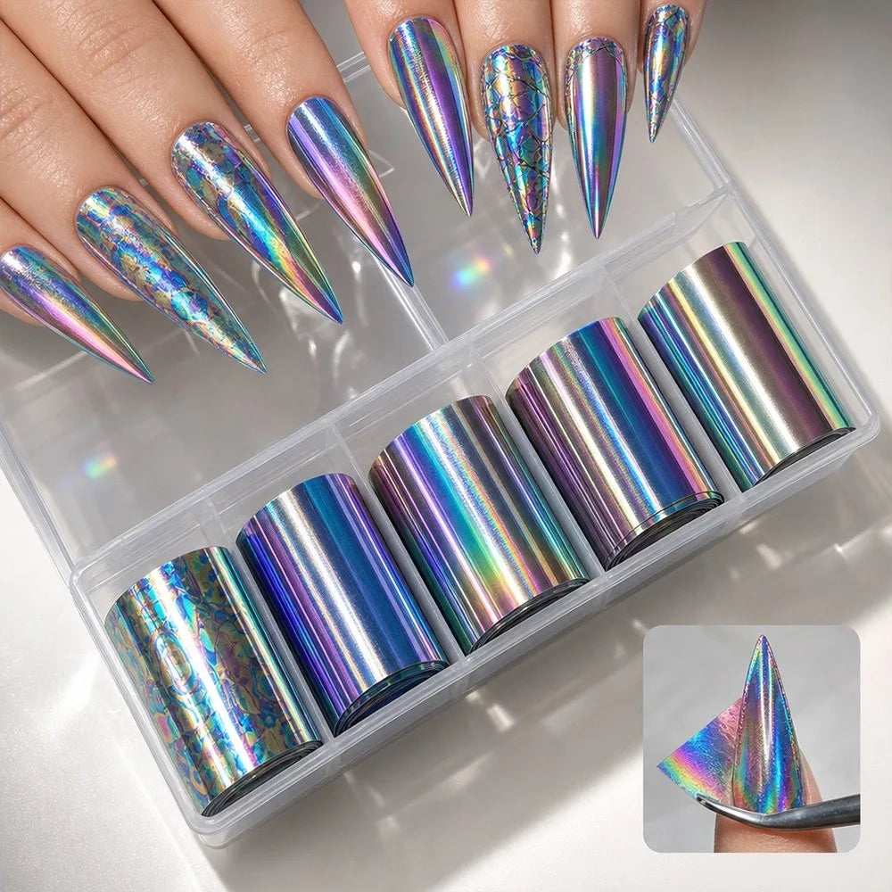 10-Roll Holographic Nail Foil Decals | Aurora Mermaid Transfer Nail Foil Decals QXL