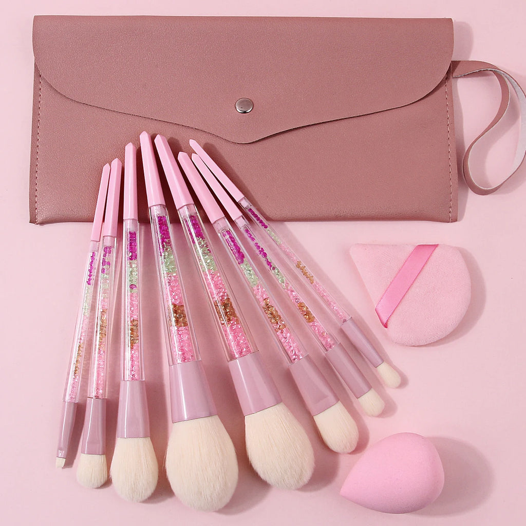11-Pc Pink Glitter Makeup Brush Set | Crystal Handle & Bag Makeup Brush Set QXL