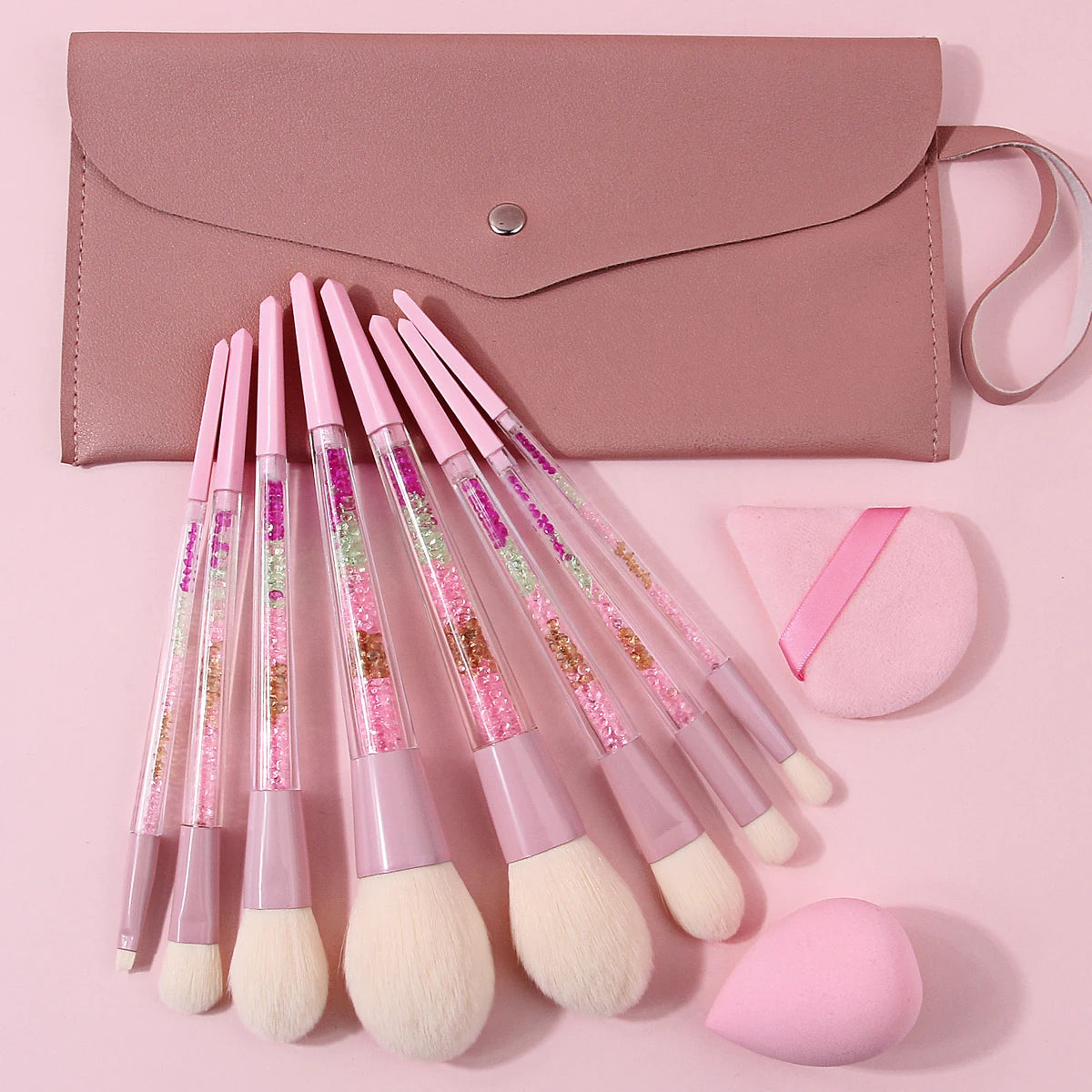 11-Pc Pink Glitter Makeup Brush Set | Crystal Handle & Bag Makeup Brush Set QXL