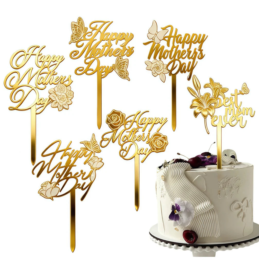 6-Pc Mother's Day Acrylic Cake Toppers – Flower & Butterfly Cake Topper Set QXL