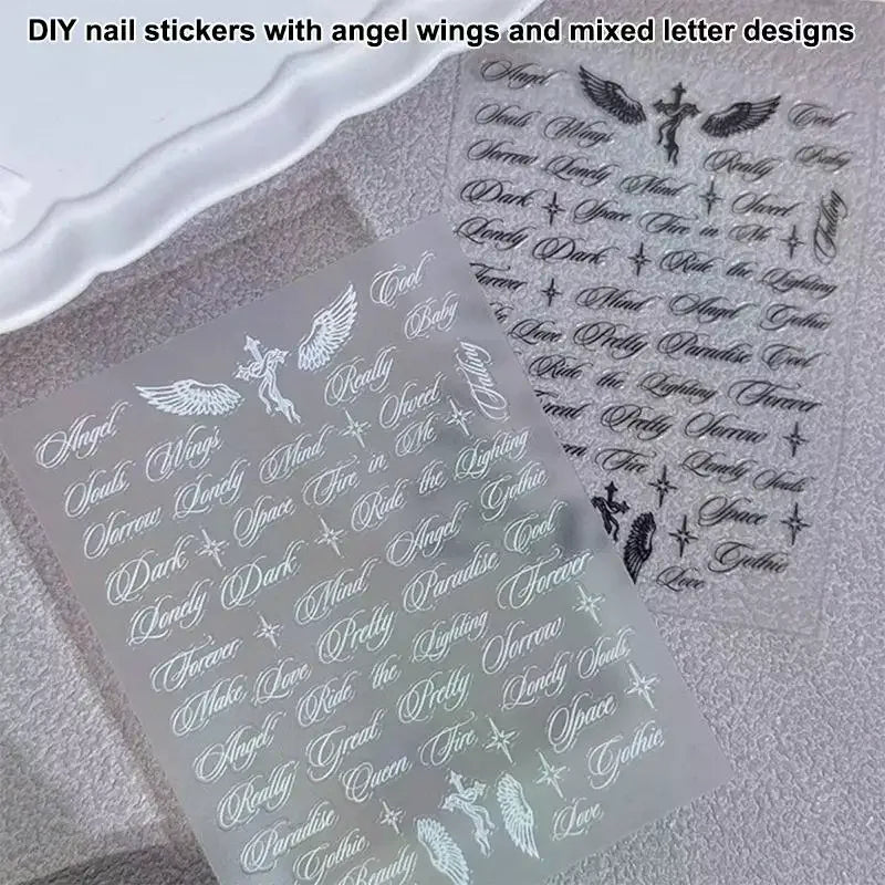 Holographic Y2K Nail Stickers – Angel Wings & Letter Designs Nail Art Stickers QXL