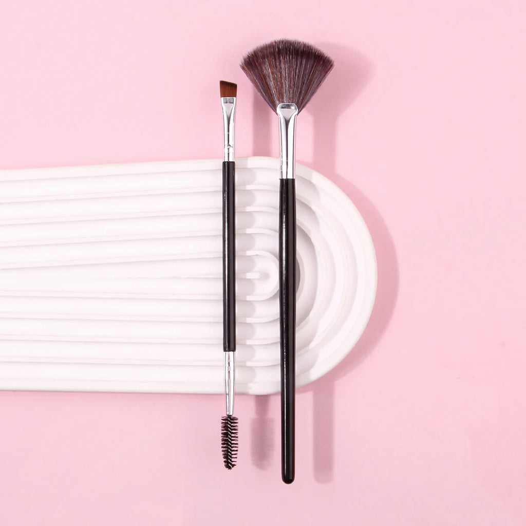KOSSHOW 2-Pc Fan Highlight & Dual-End Eyebrow Brush Set Makeup Brush Set QXL black