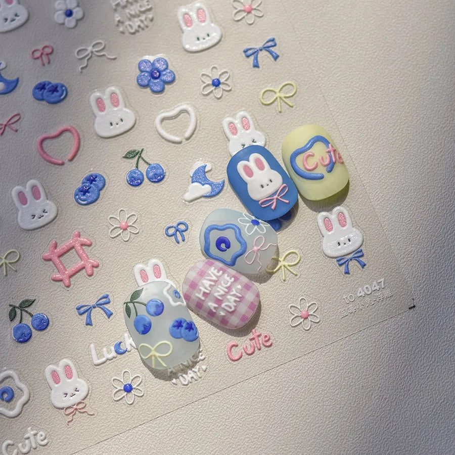 5D Kawaii Rabbit Nail Stickers | Embossed Cartoon Nail Art Decals Nail Art Stickers QXL