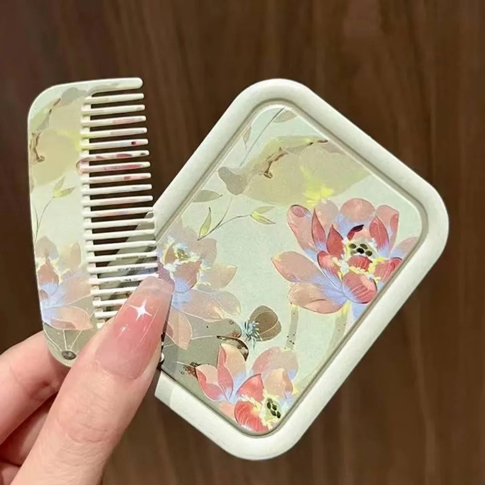 Lotus Folding Pocket Mirror with Comb | Compact Makeup Mirror Compact Makeup Mirror QXL 1PC