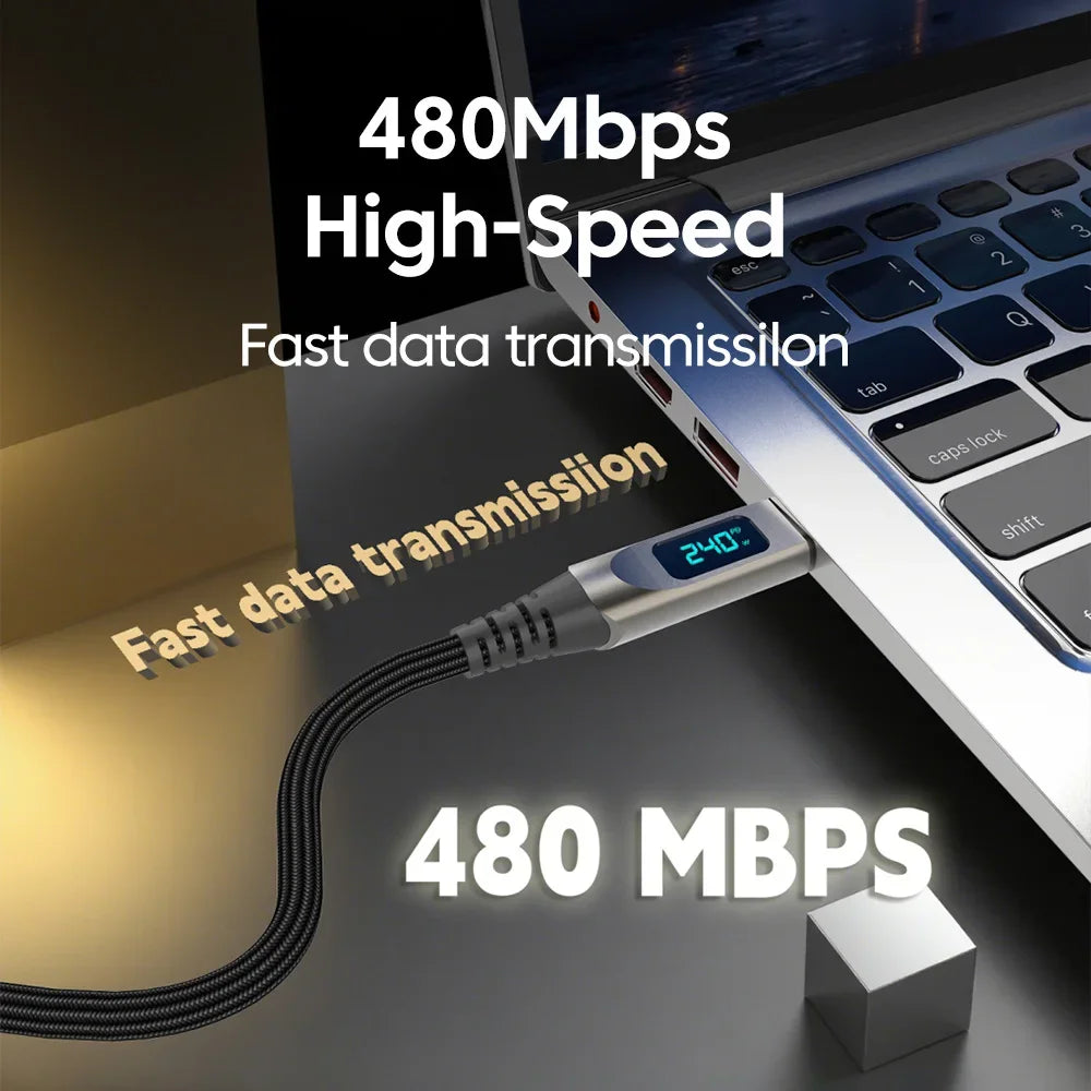USB-C 240W Fast Charging Cable | Nylon Braided Digital Display USB-C Charging Cable QXL