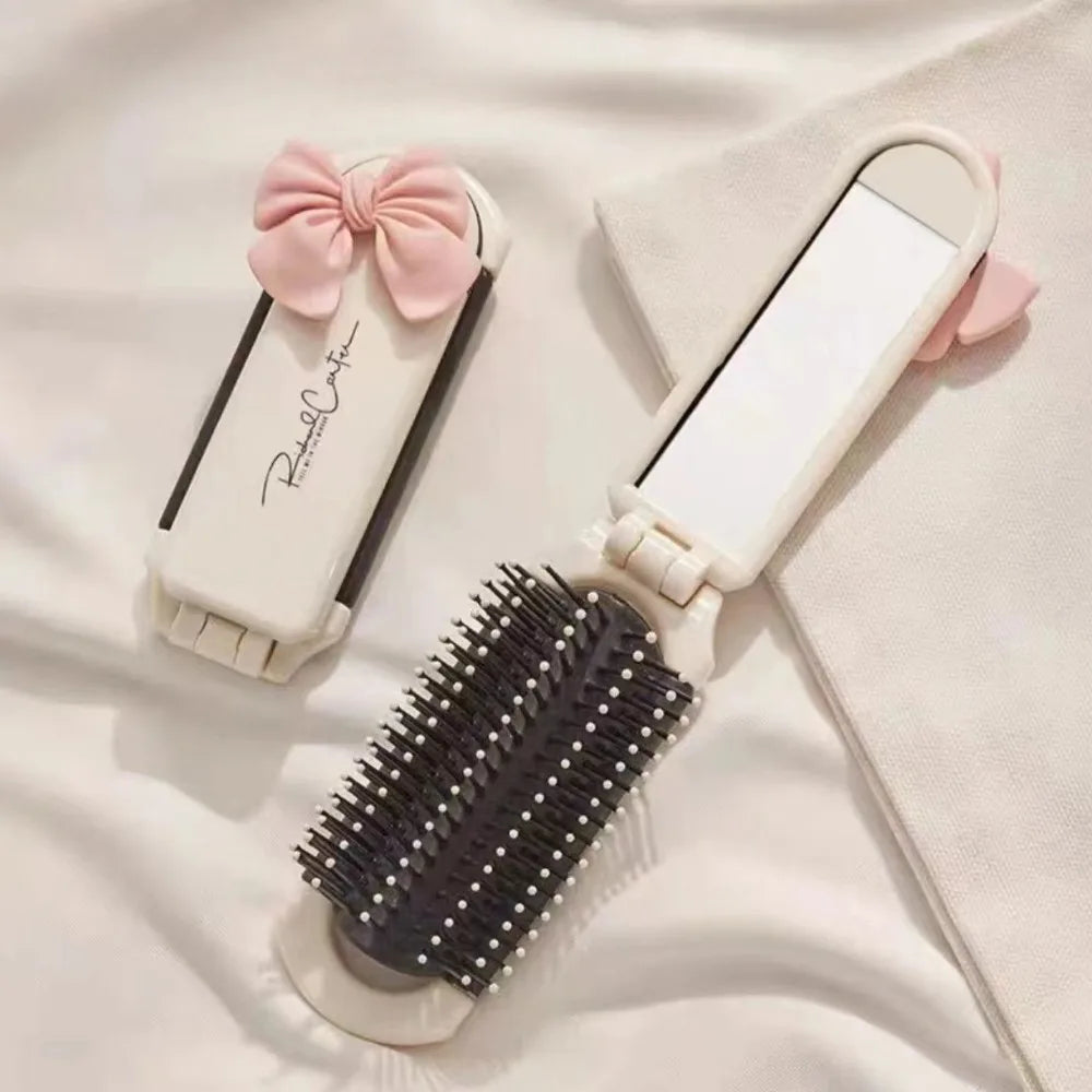 Foldable Travel Hair Brush with Mirror & Scalp Massage Foldable Hair Brush QXL Beige Bow