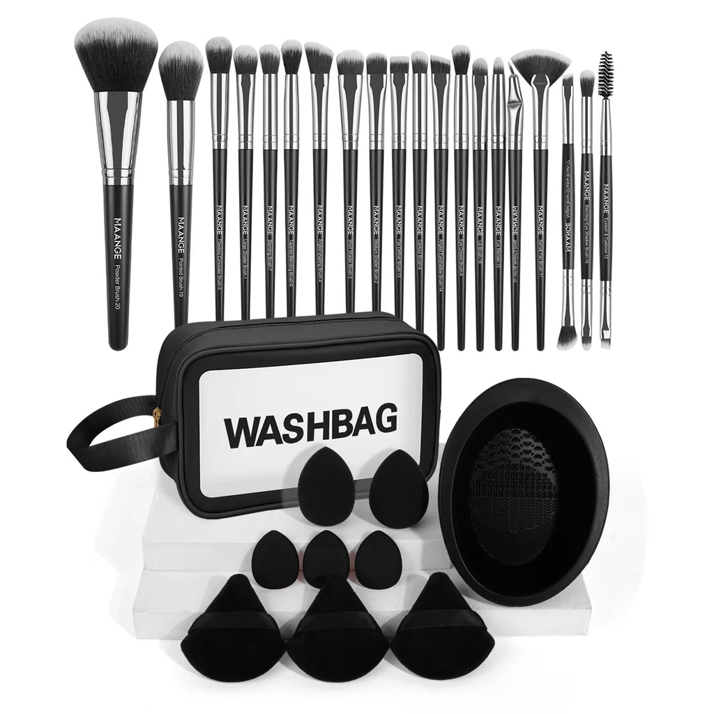 MAANGE 30-Pc Makeup Brush Set with Sponges & Cleaning Mat Makeup Brush Set QXL Black