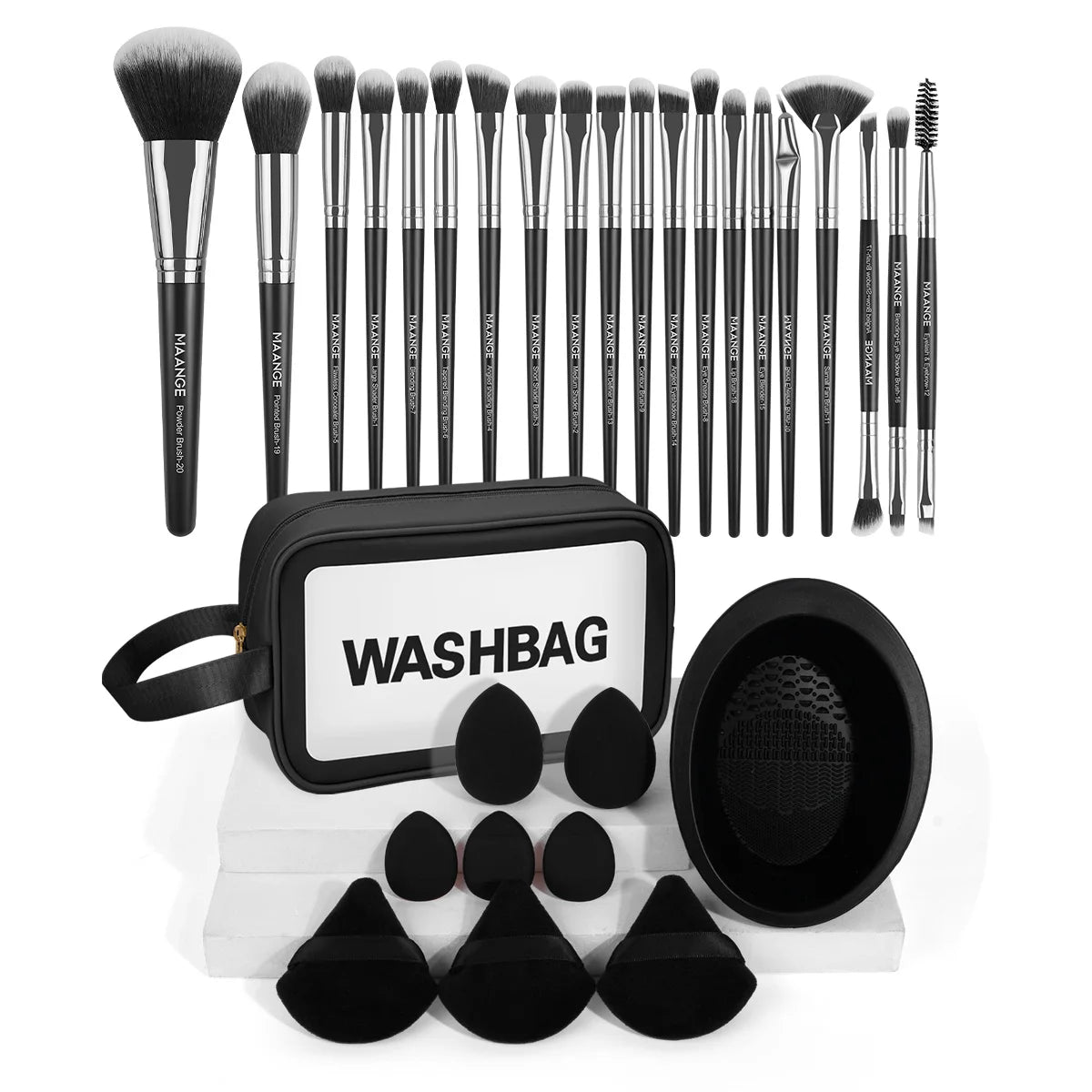 MAANGE 30-Pc Makeup Brush Set with Sponges & Cleaning Mat Makeup Brush Set QXL Black