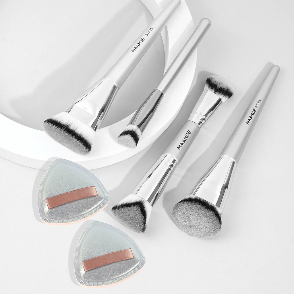 MAANGE 6-Pc Foundation Brush & Air Cushion Puff Set | Travel Makeup Brush Set QXL Silvery