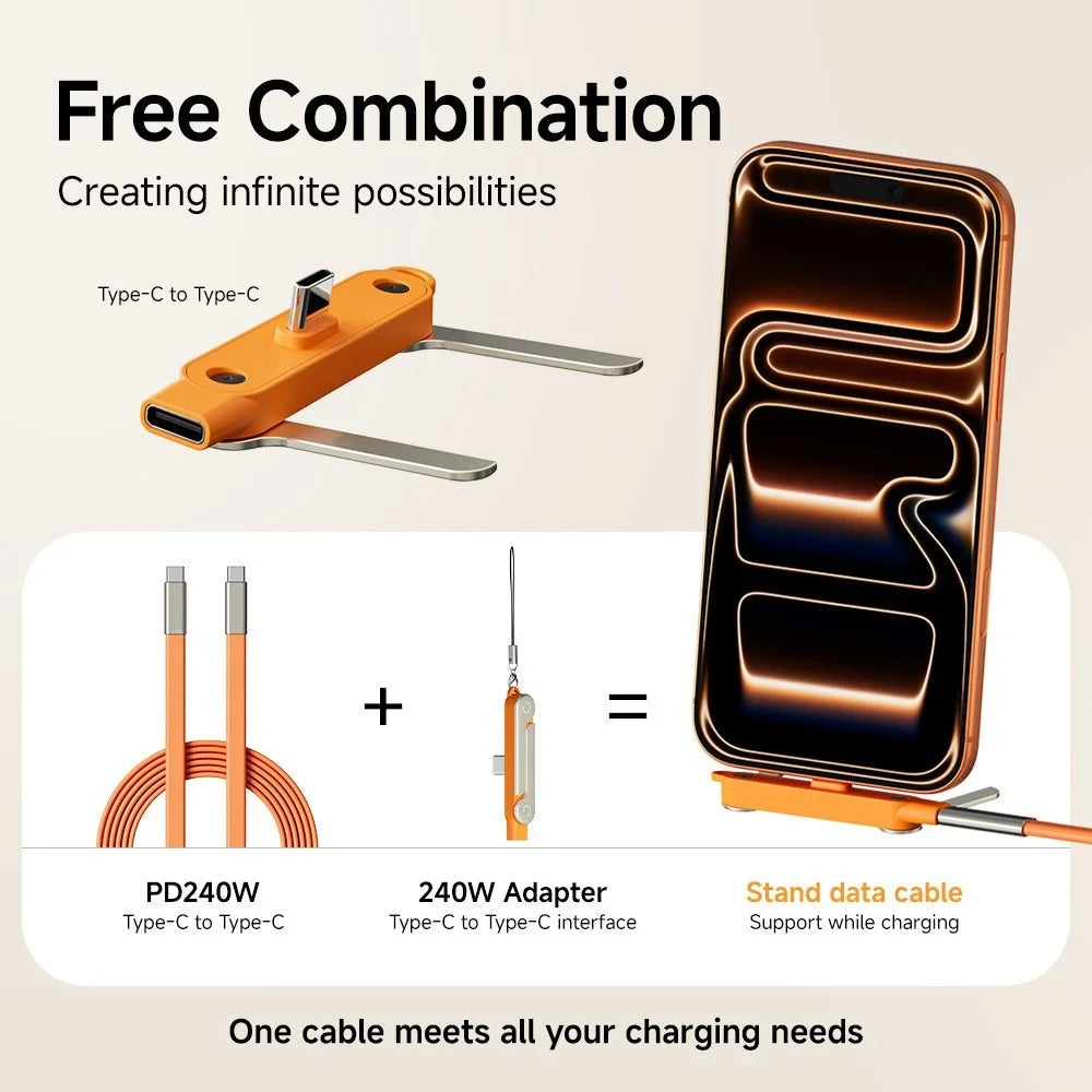 240W USB-C Fast Charging Cable with Foldable Phone Stand USB-C Charging Cable QXL