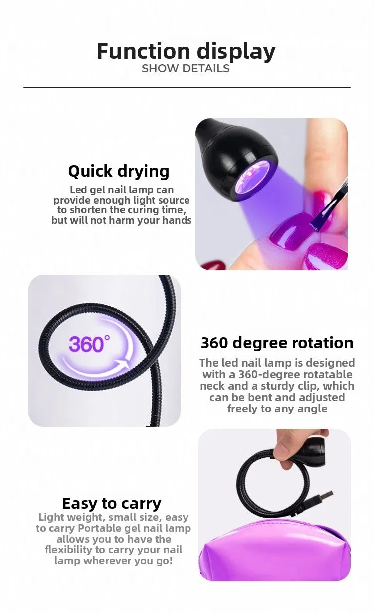 Mini UV LED Nail Dryer Lamp | 360° Clip-On USB Portable UV LED Nail Dryer QXL